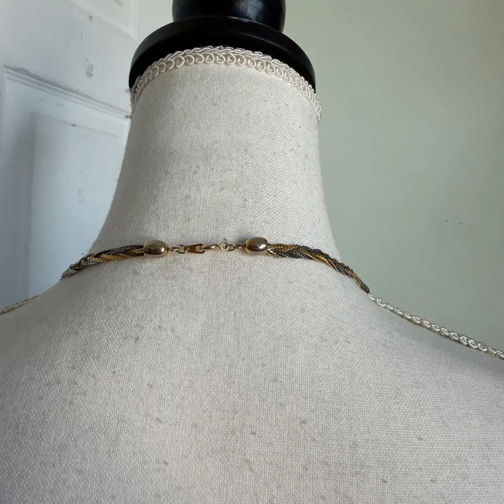 Vintage Tri-Colored Braided Herring Bone Chain Necklace